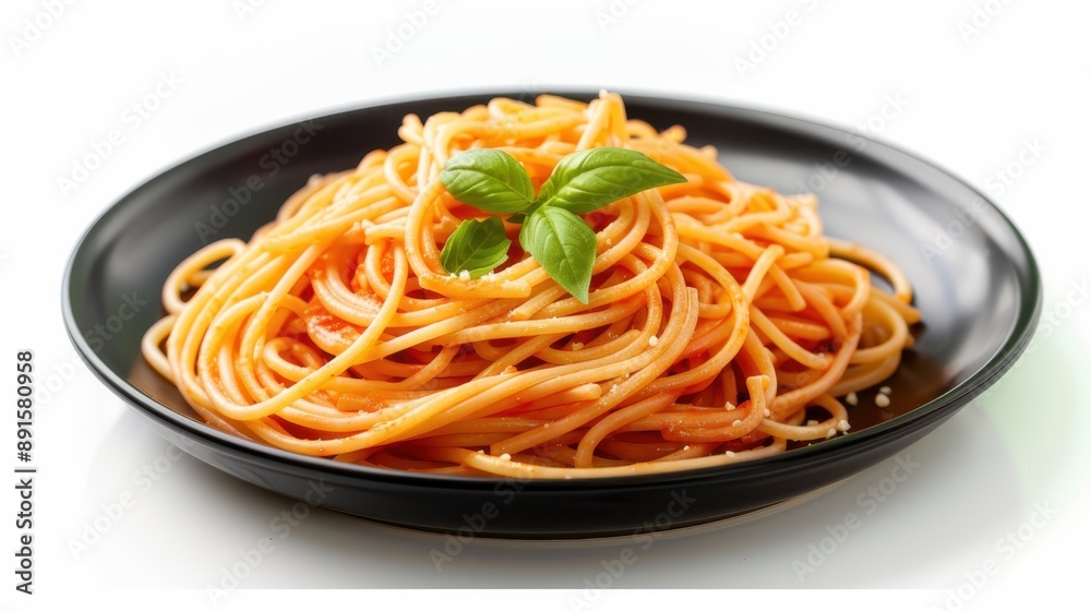 Delicious spaghetti served on a black plate. Delicious spaghetti served on a black plate.