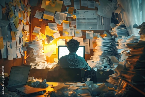 a person sitting frustratedly in a room full of messy data, with spreadsheets pinned to the walls and piles of papework on a desk and crumpled up in an overflowing waste bin