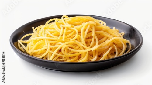 Delicious spaghetti served on a black plate.