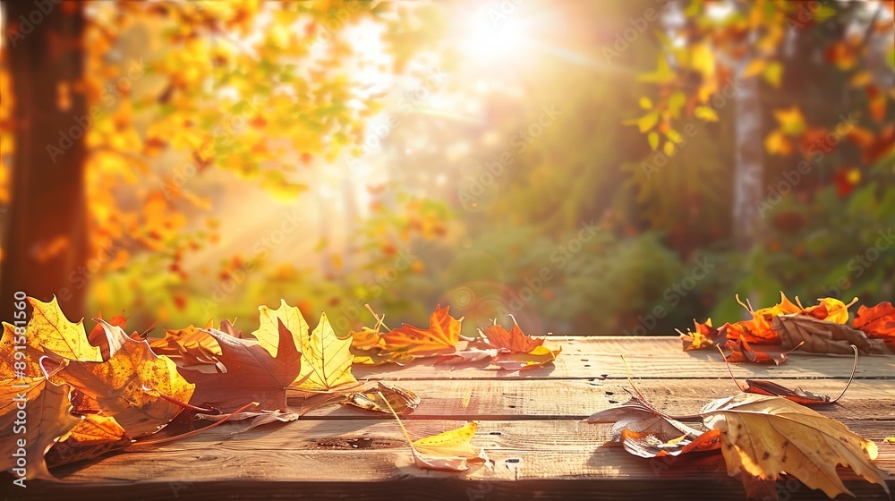Rustic Autumn Table with Scattered Orange Leaves Rustic Autumn Table with Scattered Orange Leaves