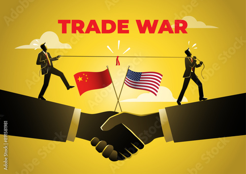 Business people competing for trade war in a tug-of-war battle