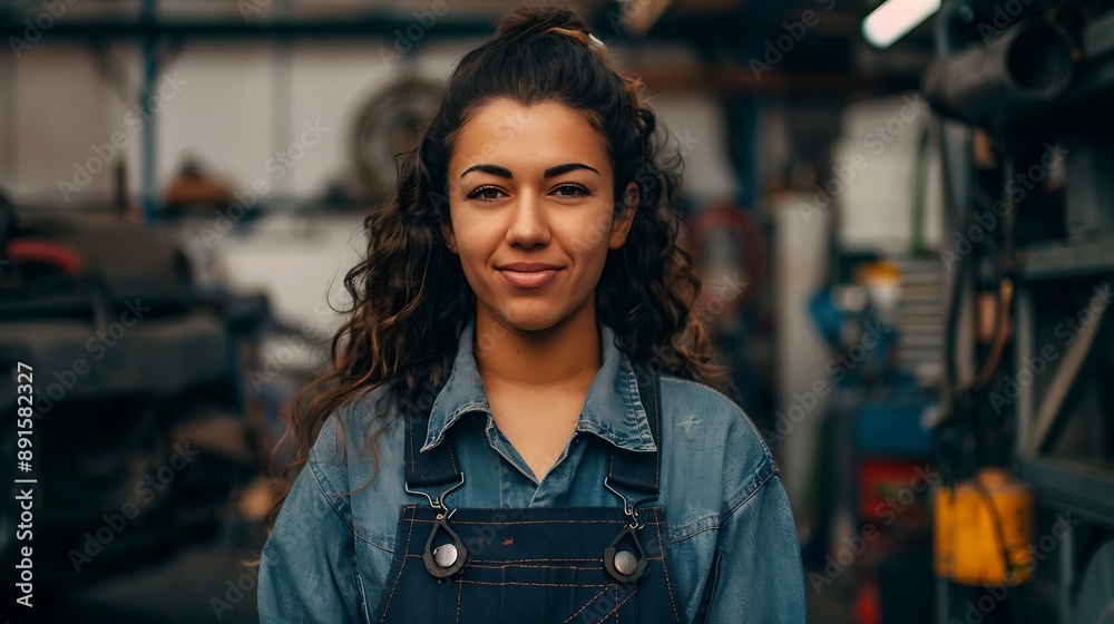Smiling female mechanic in work overalls poses confidently in a garage with vehicles and tools in the background highlighting her automotive repair skills and passion Smiling female mechanic in work overalls poses confidently in a garage with vehicles and tools in the background highlighting her automotive repair skills and passion
