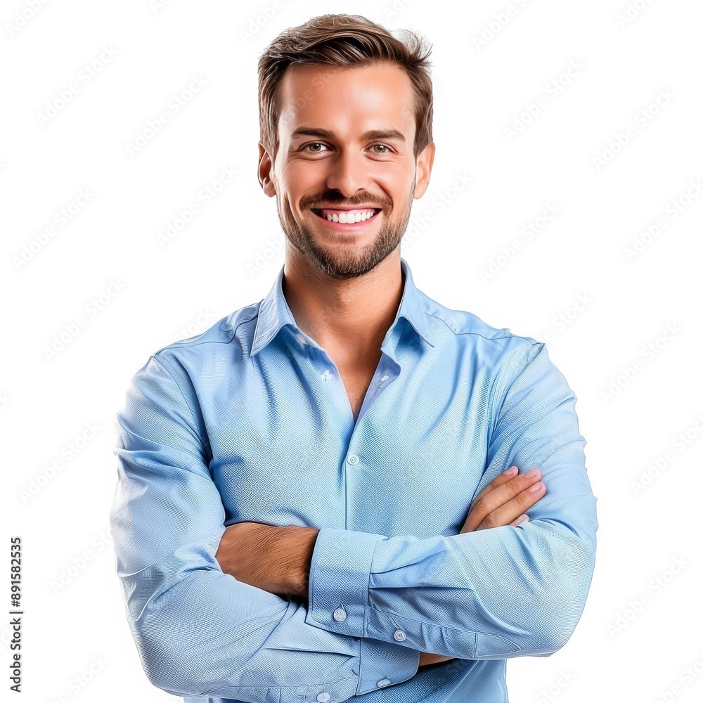 Handsome smiling business man in blue shirt standing with crossed arms, isolated on white background. isolated on white background. Photo realistic. Handsome smiling business man in blue shirt standing with crossed arms, isolated on white background. isolated on white background. Photo realistic.