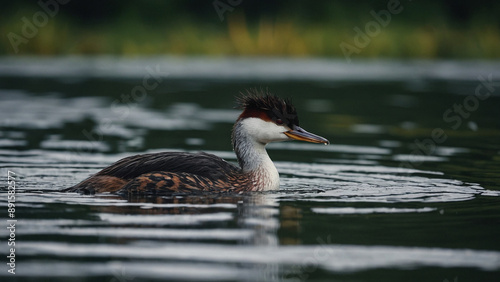 great crested grebe, beautiful grey heron fishing on a lake - wildlife in its natural habitat 