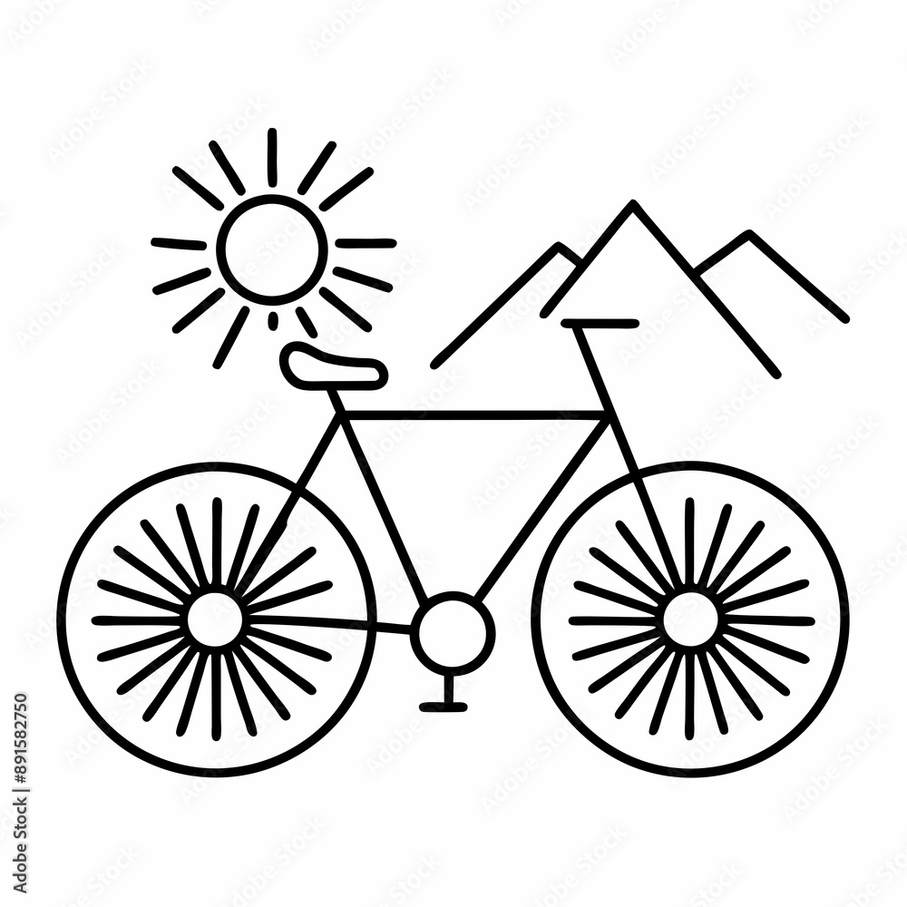 A bicycle stands in front of a scenic backdrop featuring mountains, trees, and a bright sun A bicycle stands in front of a scenic backdrop featuring mountains, trees, and a bright sun
