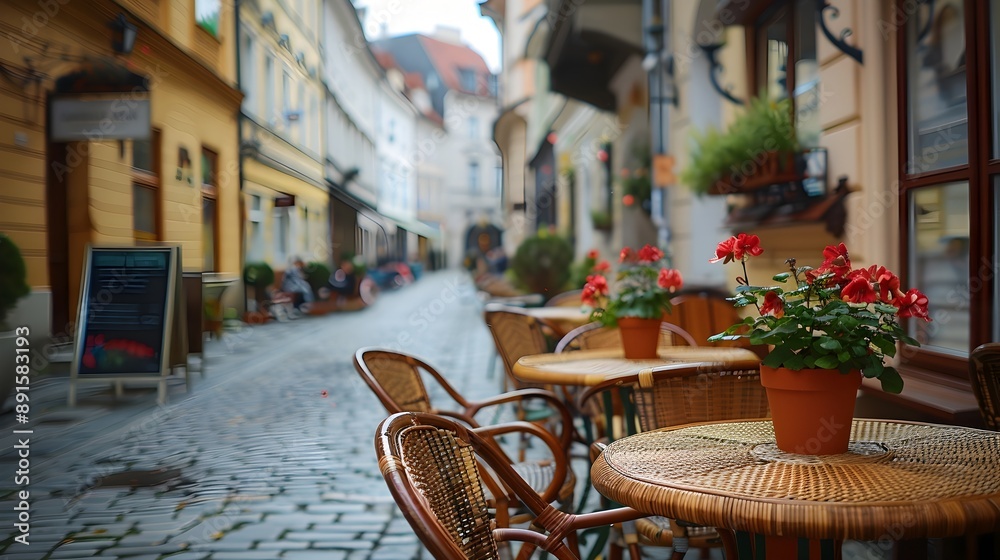 Fototapeta premium Cozy Outdoor Cafe Seating in Charming Old Town European Street Scene