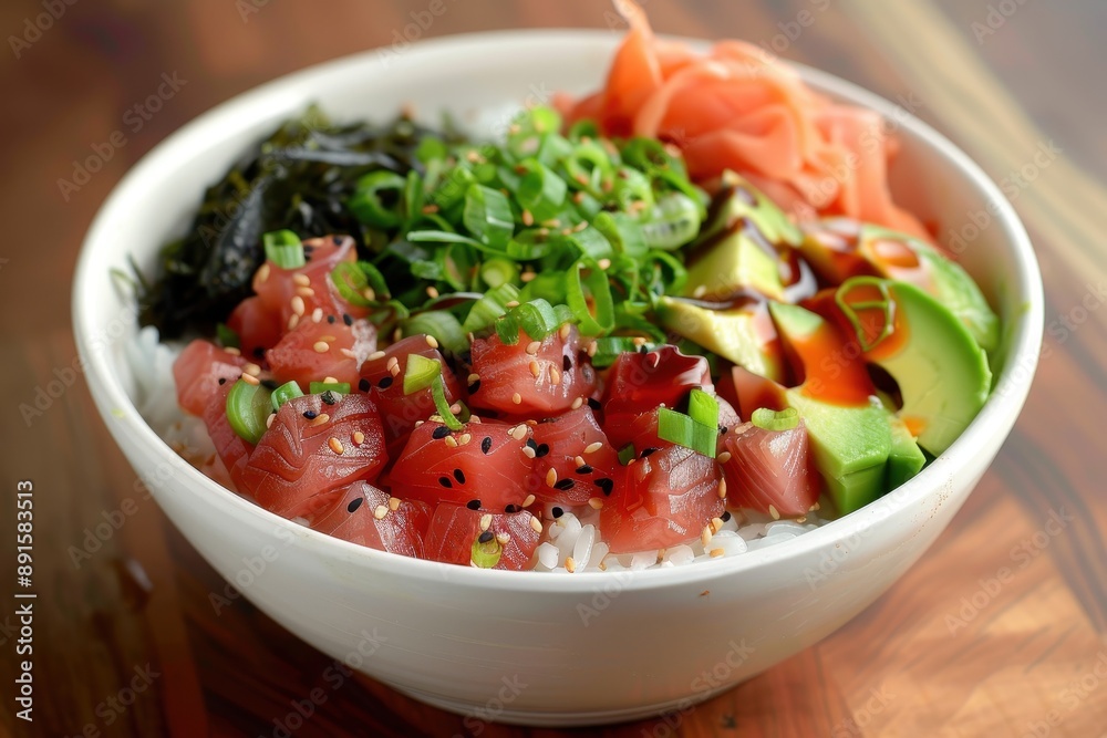 A bowl of poke, featuring diced raw tuna, avocado, and seaweed salad, served over a bed of sushi rice and drizzled with soy sauce A bowl of poke, featuring diced raw tuna, avocado, and seaweed salad, served over a bed of sushi rice and drizzled with soy sauce