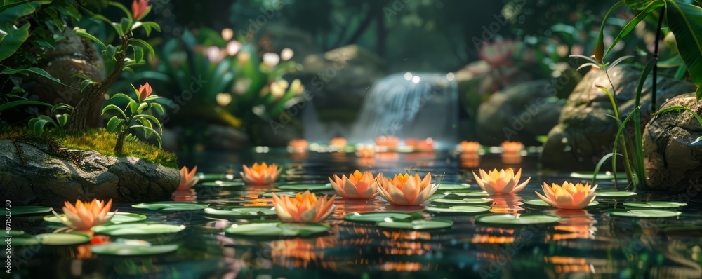 A tranquil pond with water lilies.
