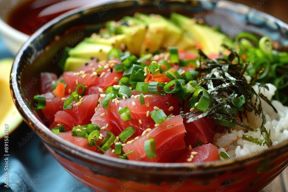 A bowl of poke, featuring diced raw tuna, avocado, and seaweed salad, served over a bed of sushi rice and drizzled with soy sauce A bowl of poke, featuring diced raw tuna, avocado, and seaweed salad, served over a bed of sushi rice and drizzled with soy sauce