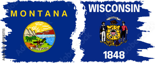 Wisconsin and Montana states grunge brush flags connection, vector