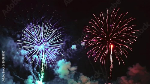 A series of fireworks are lit up in the sky, with each firework having a different color. The fireworks are arranged in a row, with the first firework being blue, the second being red photo