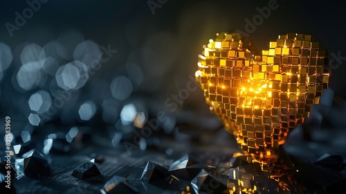 Shiny 3D Pixel Heart in Crystal Design, Set Against a Black Background, Featuring a Gleaming, Multicolored Surface and High-Resolution Detail photo