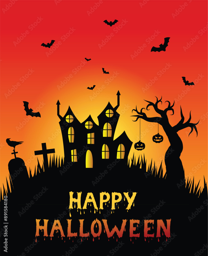 Happy Halloween Scary Castle with Barren Tree and Graveyard. Seasonal national holiday concept vector art Happy Halloween Scary Castle with Barren Tree and Graveyard. Seasonal national holiday concept vector art