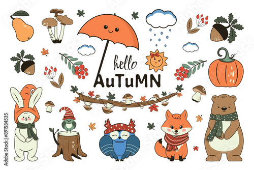 A bright autumn set with cute forest animals and elements of nature. Vector design for scrapbooking, postcards, posters, tags, stickers, covers and more.
