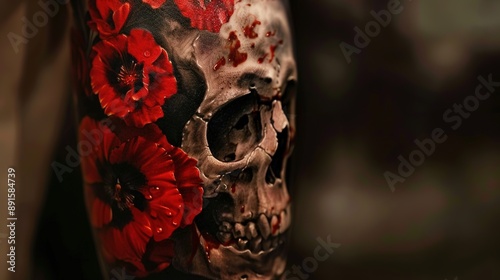 Skull Tattoo Design Adorned with Red Flowers, Featuring Intricate Details and Bold Color Contrast for a Striking and Artistic Look photo