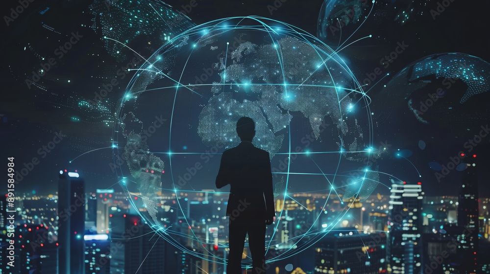 A businessman generating wireframe business global network connections on worldwide digital marketing and customer data analytics. The theme encompasses globalization strategy, smart city A businessman generating wireframe business global network connections on worldwide digital marketing and customer data analytics. The theme encompasses globalization strategy, smart city