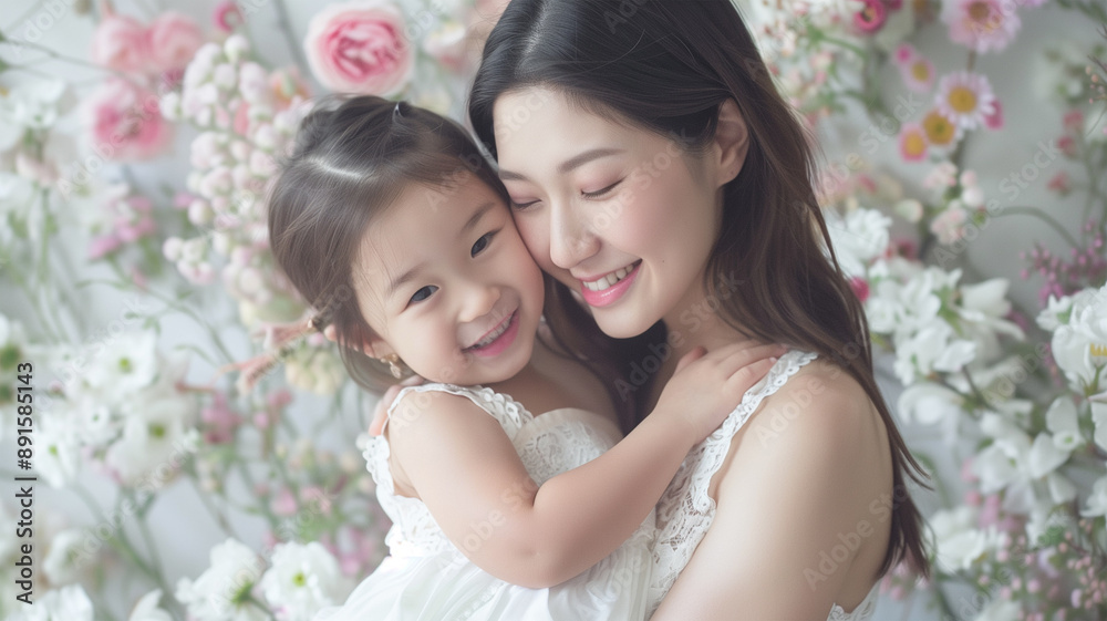 花に囲まれた笑顔のお母さんと娘 花に囲まれた笑顔のお母さんと娘