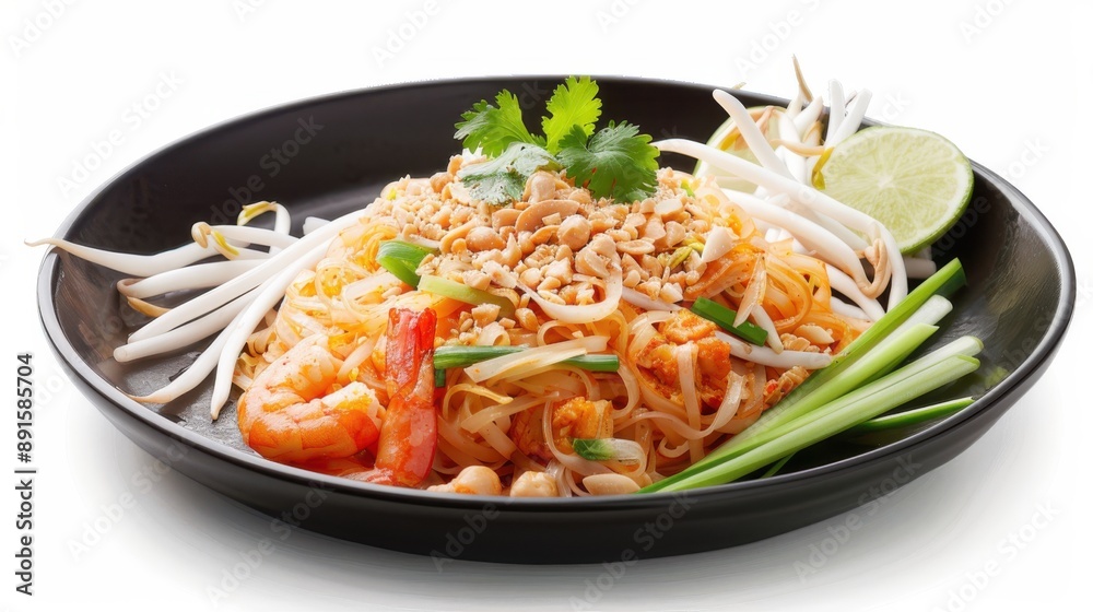 Pad Thai. Shrimp pad thai on a plate, white background. Pad Thai. Shrimp pad thai on a plate, white background.