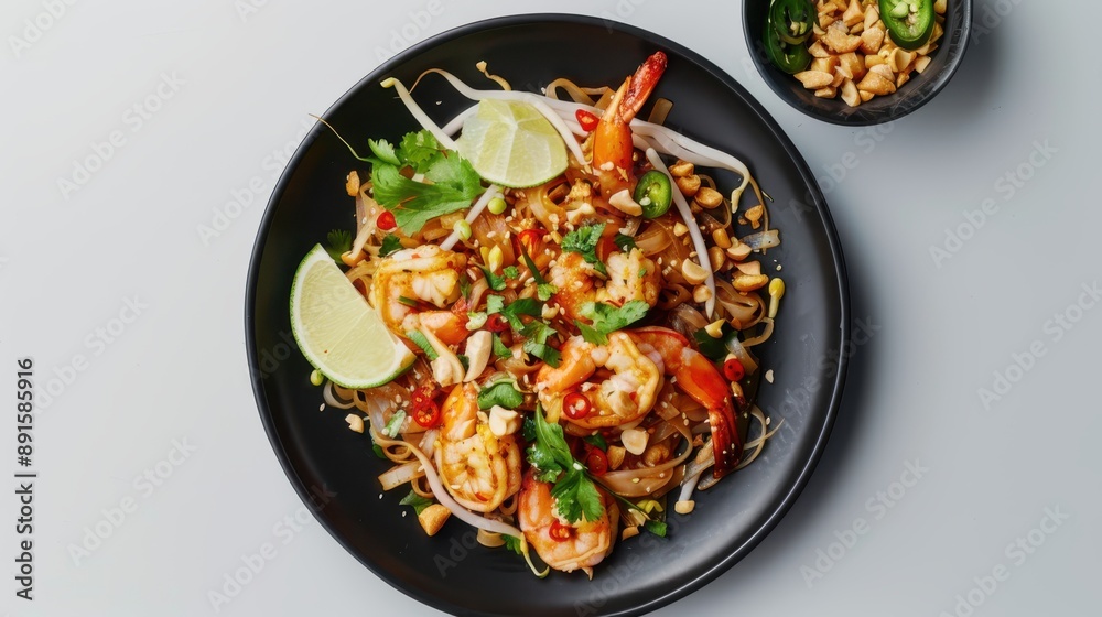 Pad Thai. Shrimp pad thai on a plate, white background. Pad Thai. Shrimp pad thai on a plate, white background.