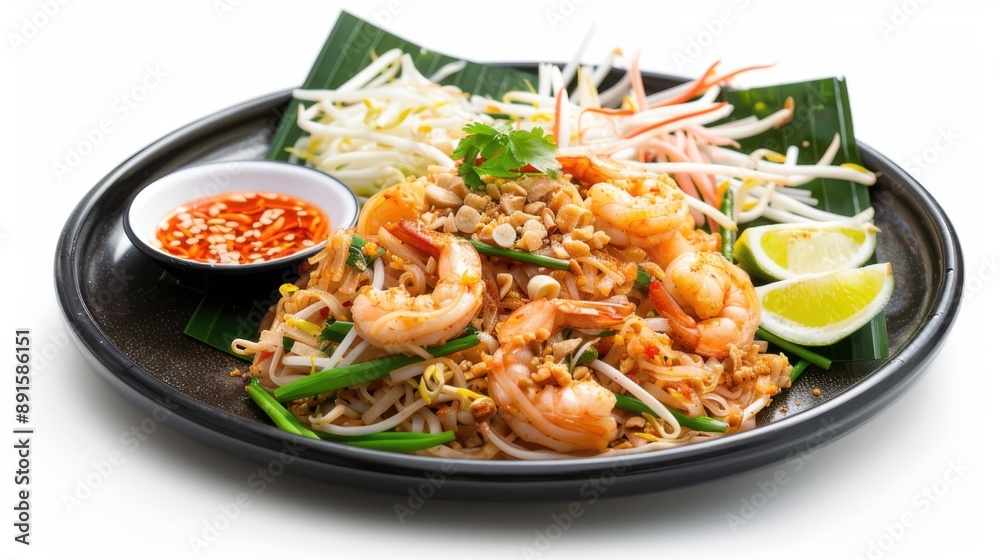 Pad Thai. Shrimp pad thai on a plate, white background. Pad Thai. Shrimp pad thai on a plate, white background.