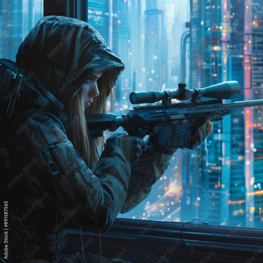 Futuristic Female Sniper in High-Tech Control Room - Sci-fi Digital Art with Advanced Rifle and Sleek Design Background Futuristic Female Sniper in High-Tech Control Room - Sci-fi Digital Art with Advanced Rifle and Sleek Design Background