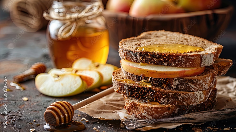 Rustic Breakfast Scene with Whole Grain Bread, Apple Slices, and Honey Rustic Breakfast Scene with Whole Grain Bread, Apple Slices, and Honey