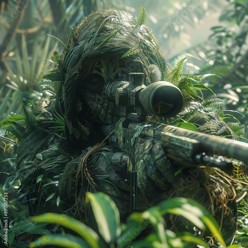 Stealthy Sniper Camouflaged in Jungle Foliage Peering Through Thermal Scope | Realistic High Resolution Photo in Natural Tones photo