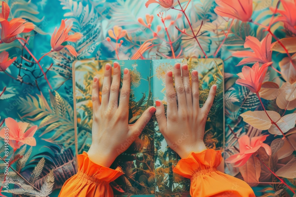 Obraz premium Hands touching a vibrant, tropical-themed open book with floral illustrations.