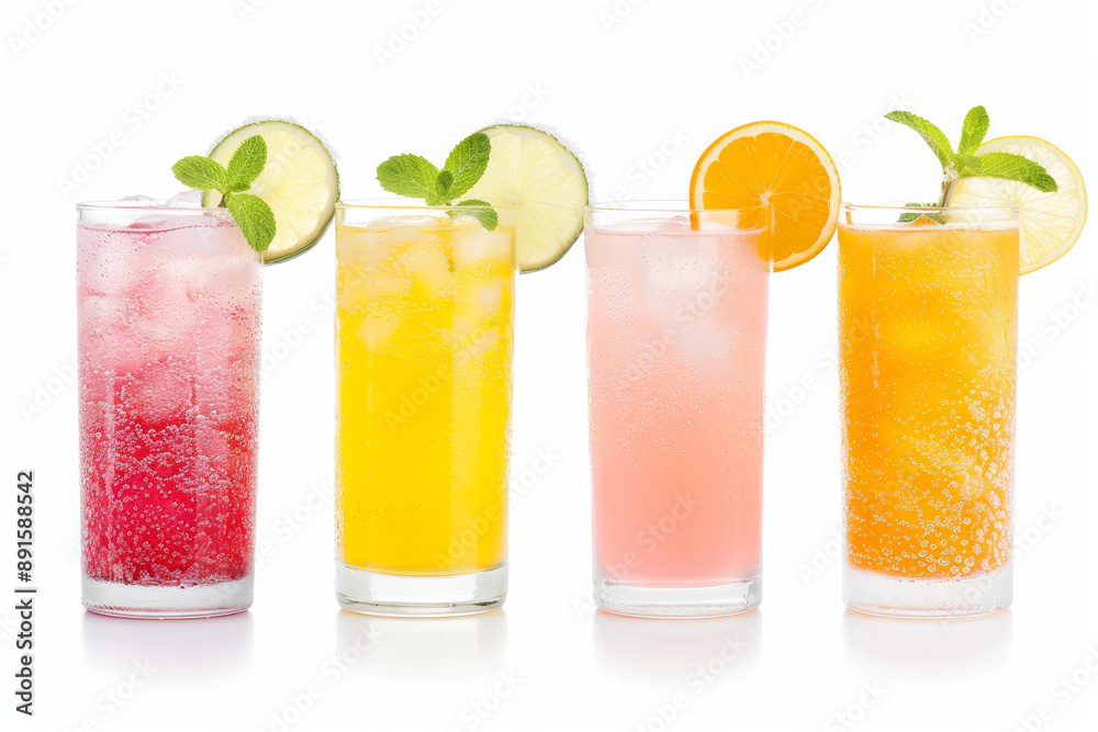A variety of glasses with different colorful drinks, such as lemonade and lime juice, isolated on white background, professional color grading, no contrast, clean sharp focus A variety of glasses with different colorful drinks, such as lemonade and lime juice, isolated on white background, professional color grading, no contrast, clean sharp focus