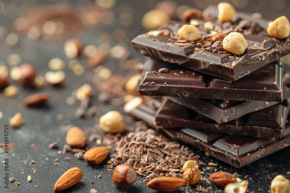 Close-up of stacked dark chocolate pieces with almonds and hazelnuts on a dark background. Close-up of stacked dark chocolate pieces with almonds and hazelnuts on a dark background.