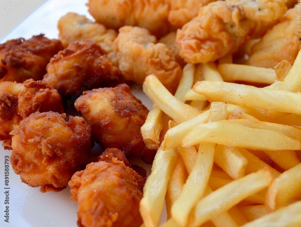 Fried chicken and french fries on white plate. Close-up food photography. Fast food and snack concept Fried chicken and french fries on white plate. Close-up food photography. Fast food and snack concept