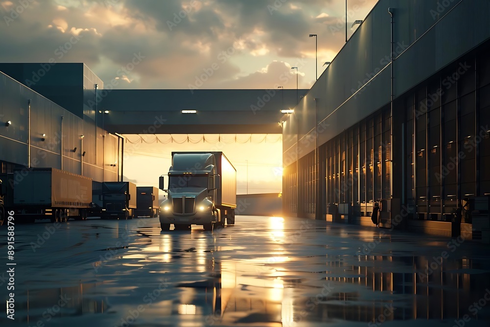 Semi-Truck Arriving at the Warehouse at Sunset Illustration Semi-Truck Arriving at the Warehouse at Sunset Illustration