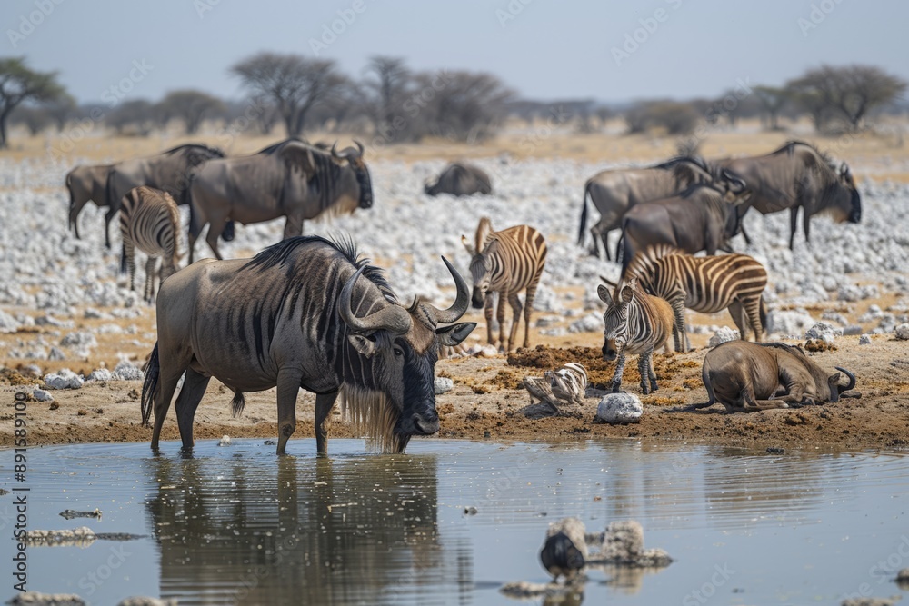 Herd of elephants and zebras gathered around a waterhole in an African savannah. Herd of elephants and zebras gathered around a waterhole in an African savannah.