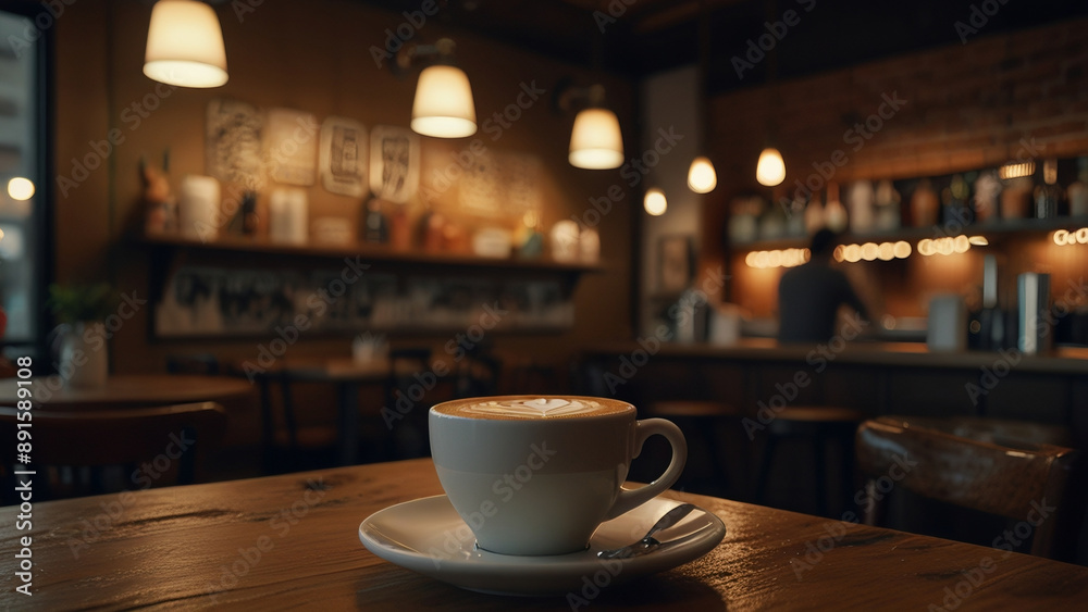 A beautifully crafted latte on a wooden table in a cozy, warmly lit cafe A beautifully crafted latte on a wooden table in a cozy, warmly lit cafe