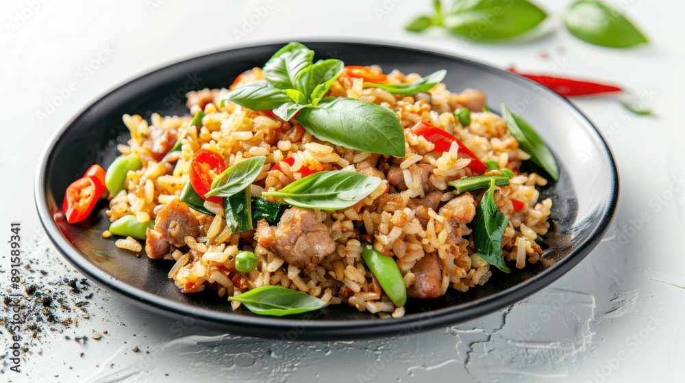 stir fried fried fish with basil and chili in thai style topped on rice. Generative Ai stir fried fried fish with basil and chili in thai style topped on rice. Generative Ai