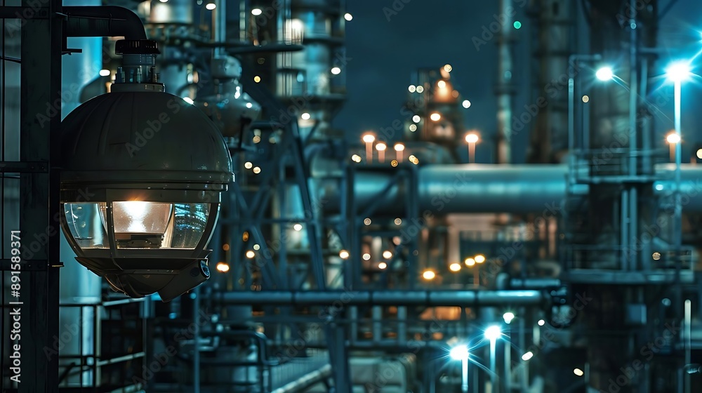 Nighttime Industrial Scene with Security Camera and Blurred Background - Photo Nighttime Industrial Scene with Security Camera and Blurred Background - Photo