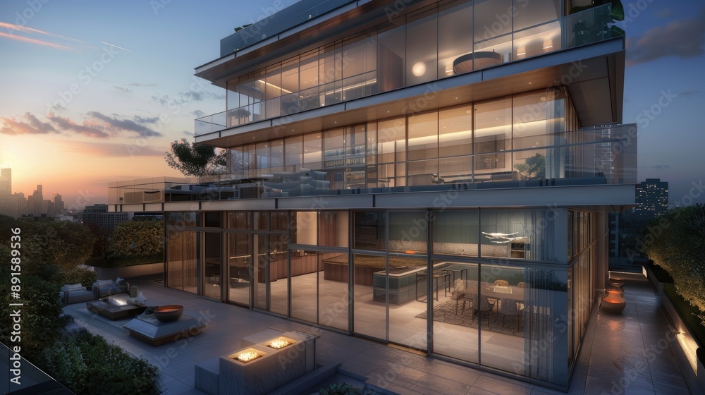 Fototapeta premium A sophisticated urban penthouse with a sleek glass exterior