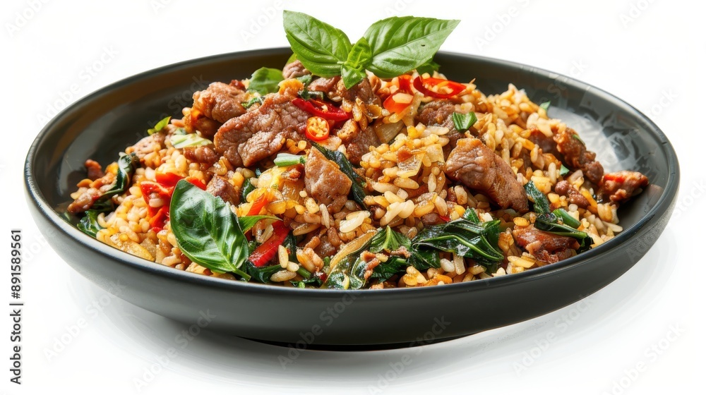 stir fried fried fish with basil and chili in thai style topped on rice. Generative Ai stir fried fried fish with basil and chili in thai style topped on rice. Generative Ai