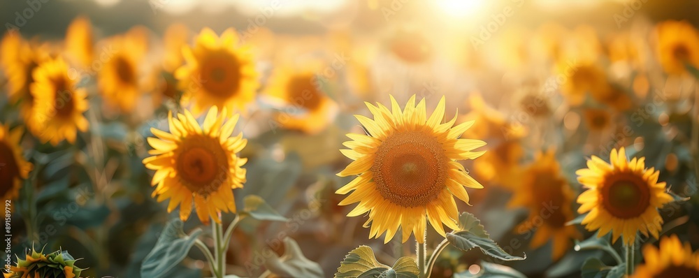 Fototapeta premium A field of blooming sunflowers stretching towards the sun.
