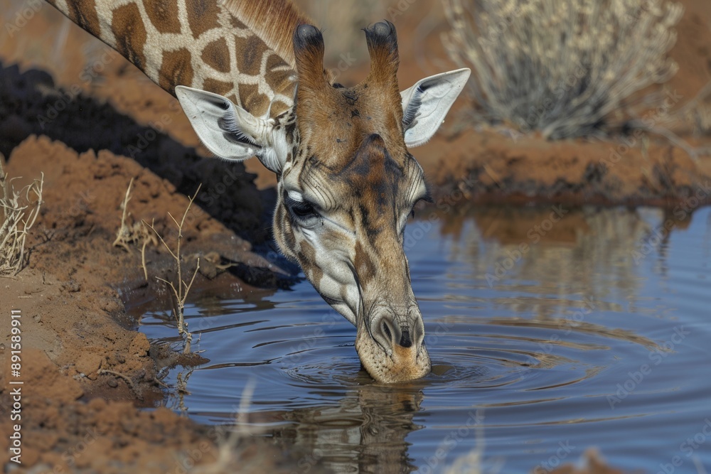 Obraz premium Giraffe drinking water at a watering hole in the African savannah.