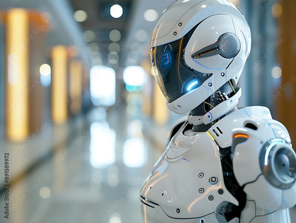 Futuristic Robot Head with White Helmet in a Modern Hallway - 3D Illustration Futuristic Robot Head with White Helmet in a Modern Hallway - 3D Illustration