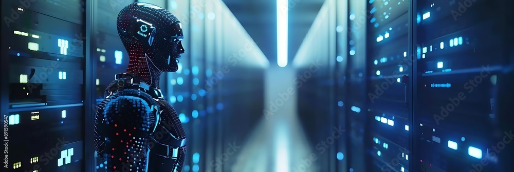 Futuristic Robot in Data Center Server Room - 3D Illustration Futuristic Robot in Data Center Server Room - 3D Illustration