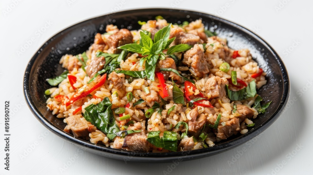 stir fried fried fish with basil and chili in thai style topped on rice. Generative Ai stir fried fried fish with basil and chili in thai style topped on rice. Generative Ai