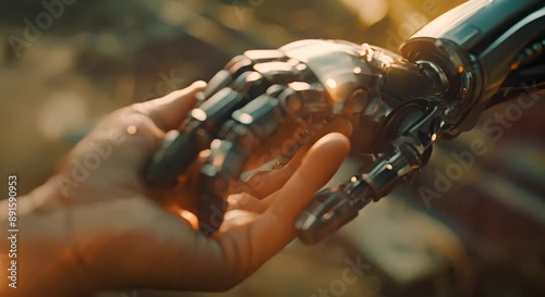Robot hand and human hand holding each other