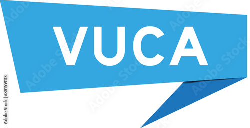 Blue color speech banner with word VUCA (abbreviation of Volatility, uncertainty, complexity and ambiguity) on white background