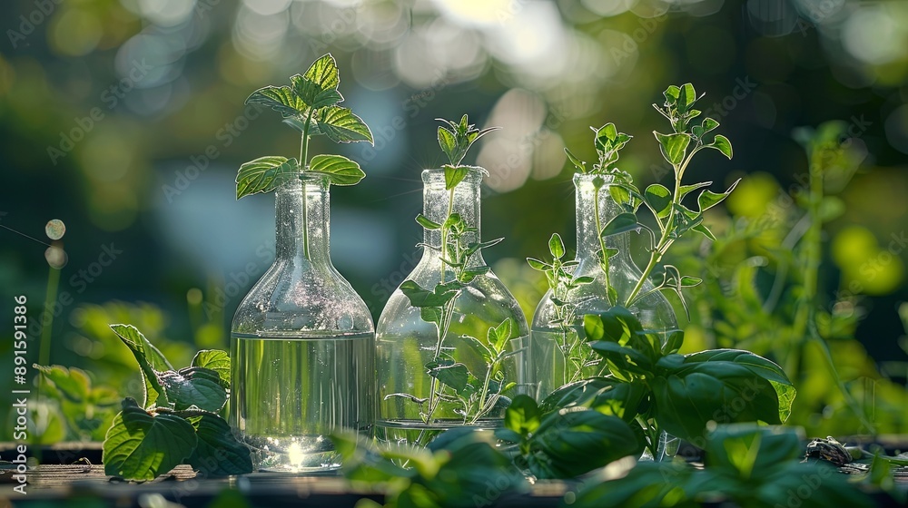 Investigation with flasks with plants. Concept of green chemistry Investigation with flasks with plants. Concept of green chemistry