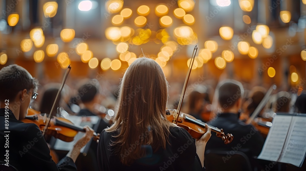 Fototapeta premium Defocused View of a Grand Symphony Orchestra Concert at the Slovak Philharmonic Hall