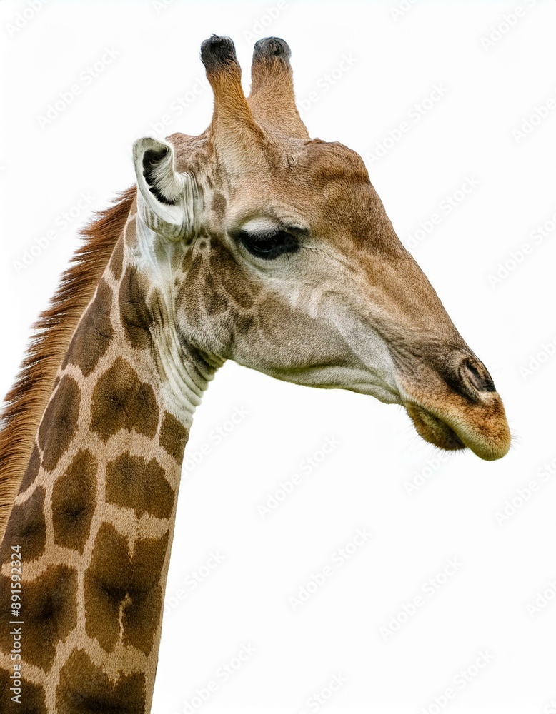 Obraz premium Seitenansichtfoto einer Giraffe, isoliert auf transparentem Hintergrund.