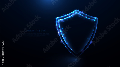 A shield icon a blue security technology icon. Shield protection icon. Data network security. Glowing wireframe, linear, line and mesh illustration vector
