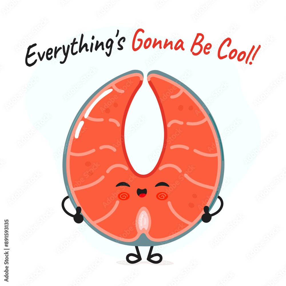 Fototapeta premium Red fish salmon character. Everything is gonna be cool card. Vector hand drawn cartoon kawaii character illustration icon. Isolated on white background. Red fish salmon character concept